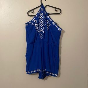Blue halter romper with white embroidery detailing xhilaration size XXL